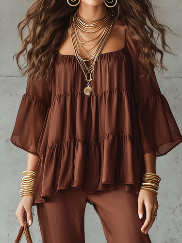 Bohemian Espresso Tiered Ruffle Off-the-Shoulder Top & Wide-Leg Trouser Co-ord Set