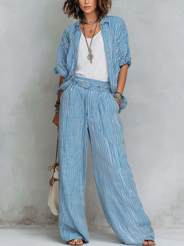 Casual Blue And White Striped Shirt And Wide Leg Pants Set
