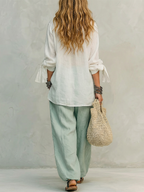 Bohemian Style White Shirt And Sage Green Trousers