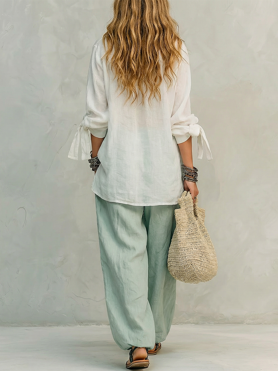 Bohemian Style White Shirt And Sage Green Trousers