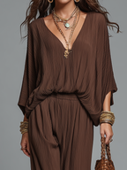 Warm Espresso Textured V-Neck Batwing Sleeve & Harem Trouser Co-ord Set