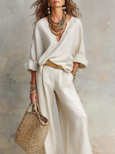 Off White Natural Linen Loose Fitting Resort Wear Set