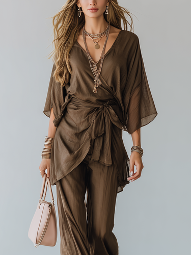 Dark Brown Overlapping Tie-waist Wide-leg Pants Set
