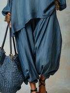 Airy Slate Blue Textured Batwing Sleeve & Harem Trouser Co-ord Set