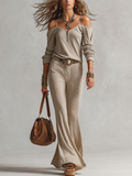 Khaki Vintage Off The Shoulder Top And Flared Trousers Set
