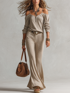 Khaki Vintage Off The Shoulder Top And Flared Trousers Set