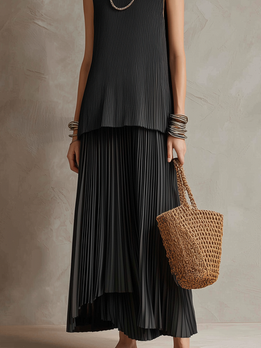 Black Minimalist Sleeveless Top And Flowing Trousers Set