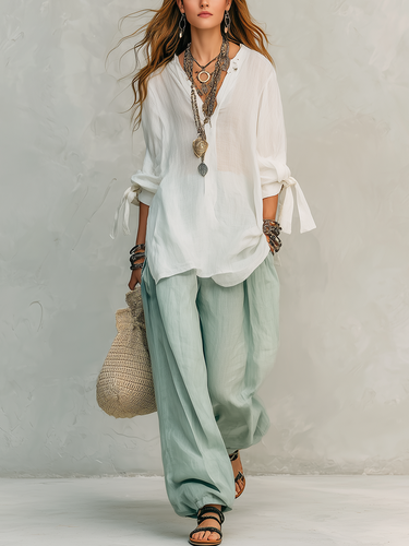 Bohemian Style White Shirt And Sage Green Trousers