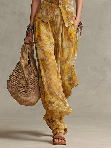 Bohemian Plaid Floral Chiffon Vest & Wide-leg Pants Set With Ruffles