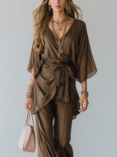 Dark Brown Overlapping Tie-waist Wide-leg Pants Set