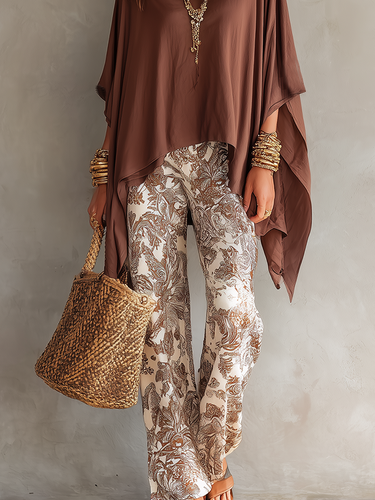 Bohemian Style Batwing Sleeve Top Paired With Vintage Printed Trousers