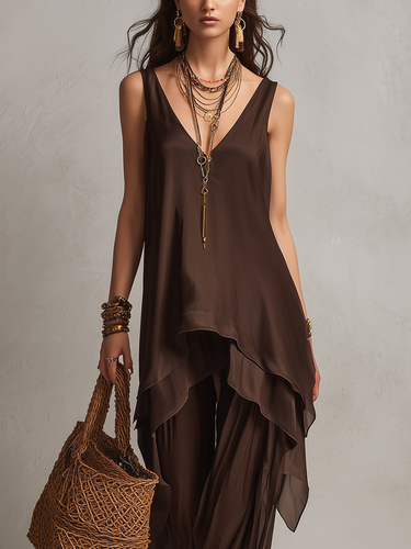 Dark Brown Irregular Draped Sleeveless Top And Wide Leg Pants Set
