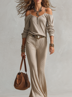 Khaki Vintage Off The Shoulder Top And Flared Trousers Set