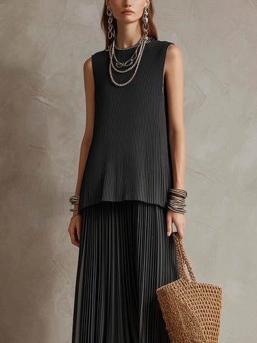 Black Minimalist Sleeveless Top And Flowing Trousers Set