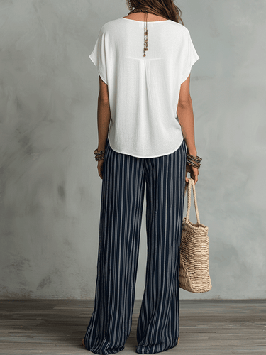 Relaxed Effortless Bohemian Stripe Wide-Leg Pants Set