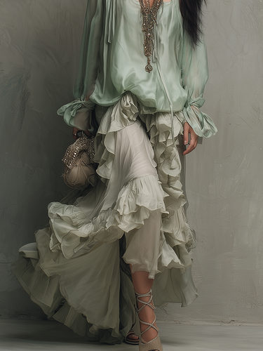 Bohemian Mint Chiffon Ruffle Blouse With Layered Skirt