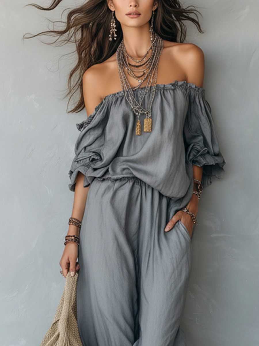 Bohemian-style Draped Gray Jumpsuit