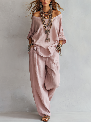 Casual Light Pink Linen Wide-leg Pants Set