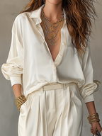 Polished Relaxed Ivory Shirt & Wide-Leg Pants Set