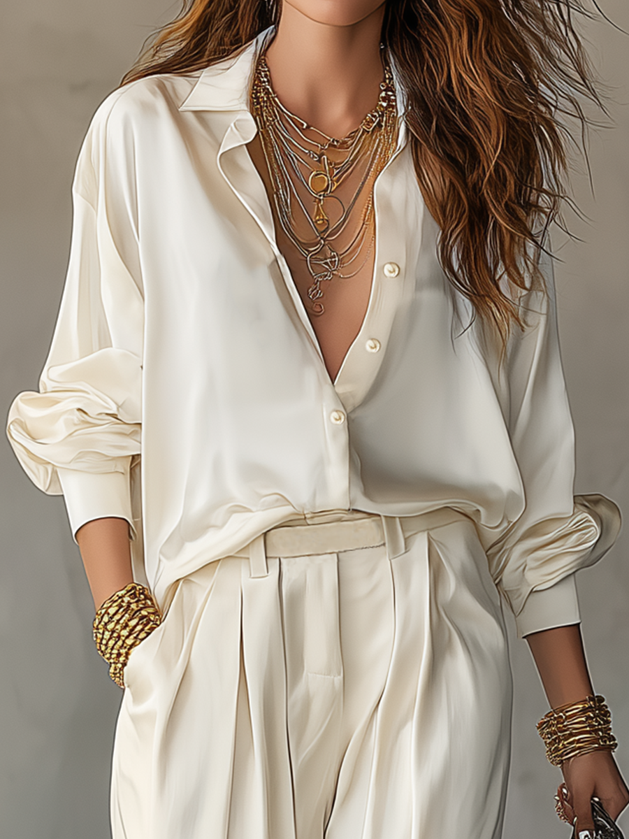 Polished Relaxed Ivory Shirt & Wide-Leg Pants Set