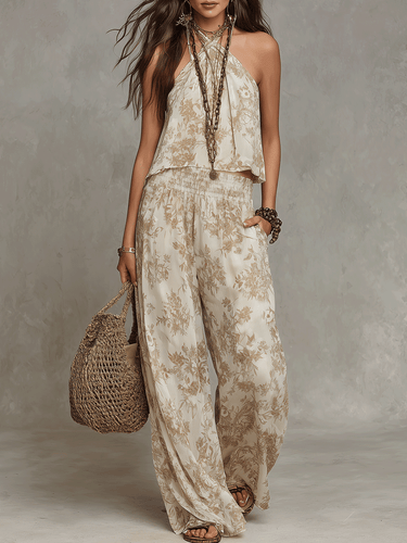 Relaxed Bohemian Floral Halter Two-Piece Set