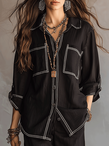 Effortless Bohemian Black Linen-Feel Two-Piece Set