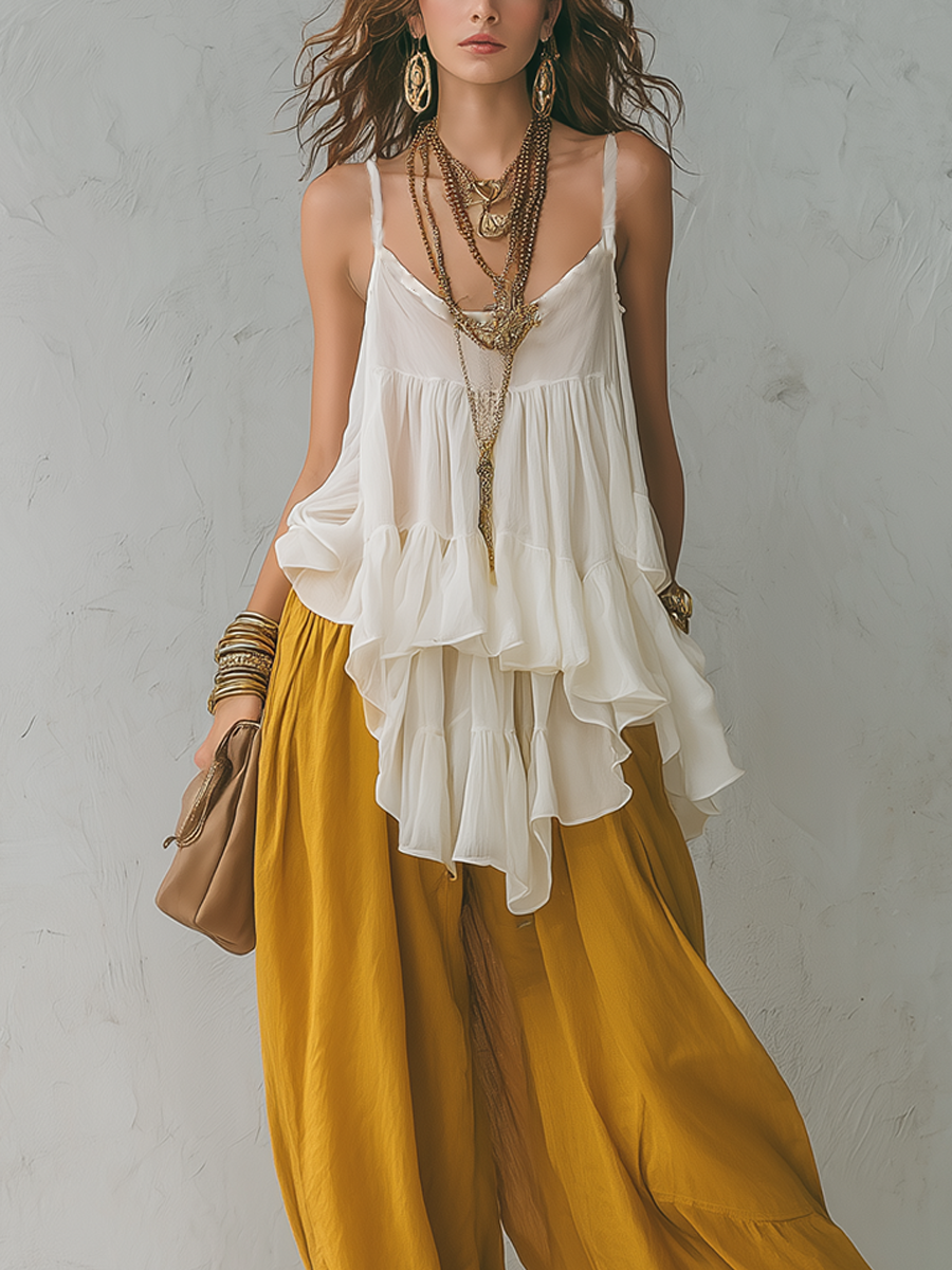 Off White And Turmeric Yellow Bohemian Style Ruffled Strap Top And Lantern Pants Set