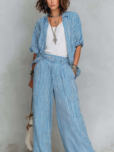Casual Blue And White Striped Shirt And Wide Leg Pants Set