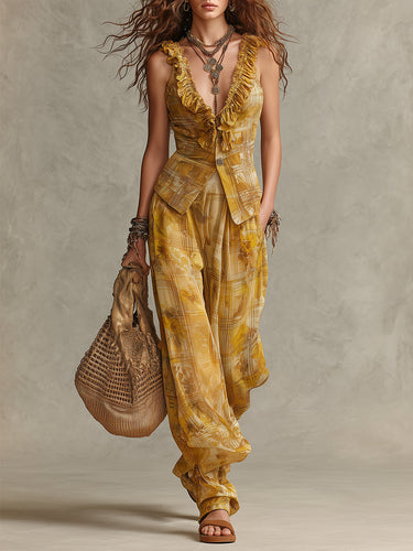 Bohemian Plaid Floral Chiffon Vest & Wide-leg Pants Set With Ruffles