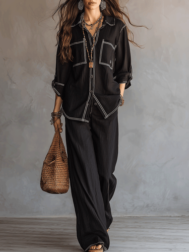 Effortless Bohemian Black Linen-Feel Two-Piece Set