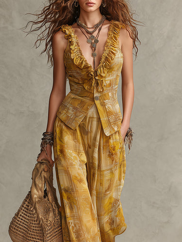 Bohemian Plaid Floral Chiffon Vest & Wide-leg Pants Set With Ruffles