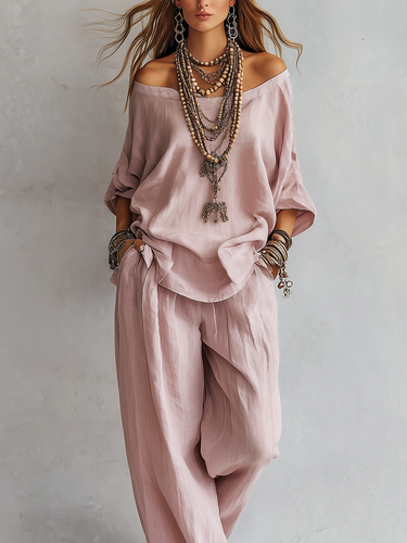 Casual Light Pink Linen Wide-leg Pants Set