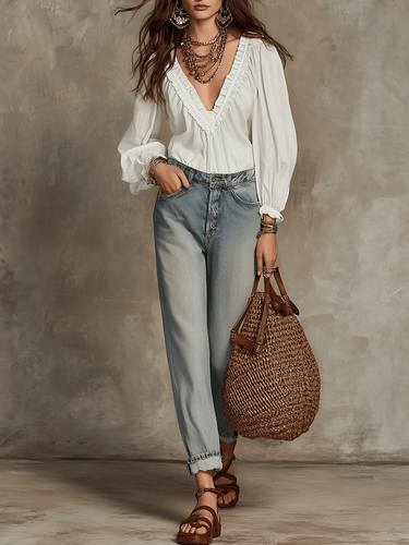 Effortless Bohemian V-Neck Cotton Blouse