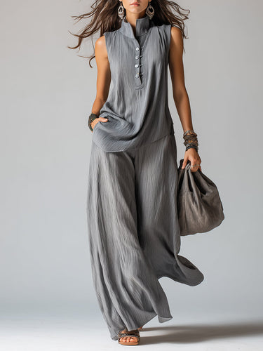 Casual Stand-collar Button-up Blouse & Wide-leg Pants Set