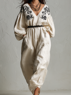 Bohemian Style Off white Embroidered Wide leg Jumpsuit