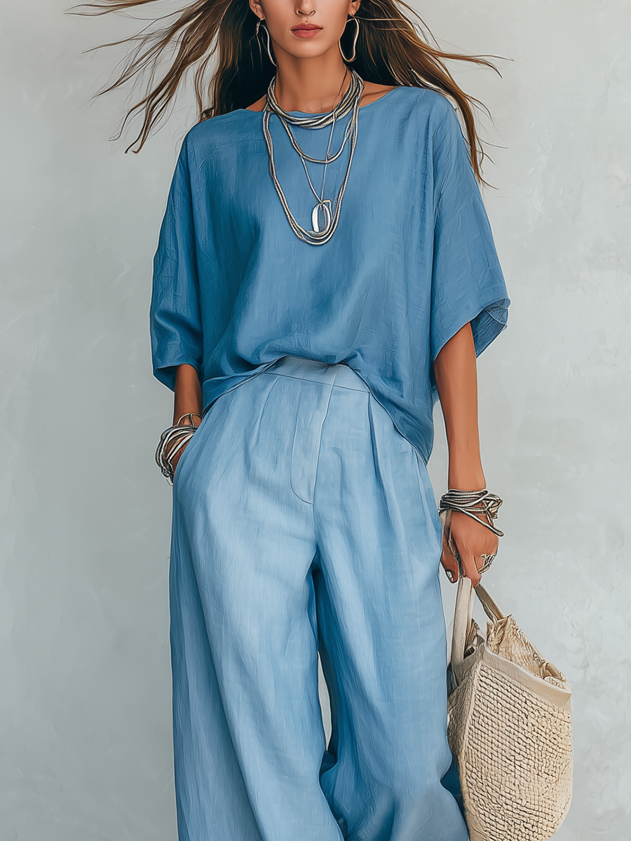 Relaxed Vacation Style Light Blue Linen Suit