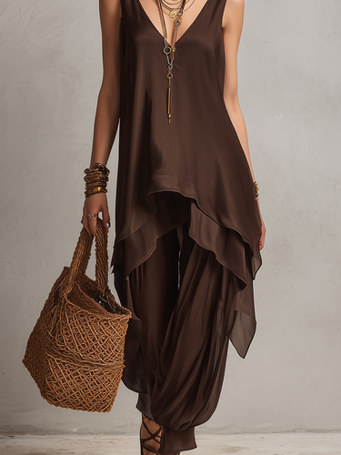 Dark Brown Irregular Draped Sleeveless Top And Wide Leg Pants Set