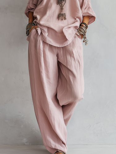 Casual Light Pink Linen Wide-leg Pants Set