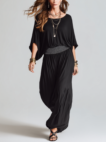 Elegant Black Draped Top & Wide-Leg Pants Set