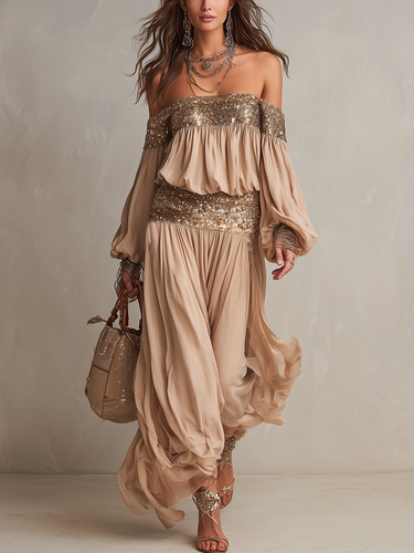Bohemian Sequined Strapless Top And Wide Leg Pants Set