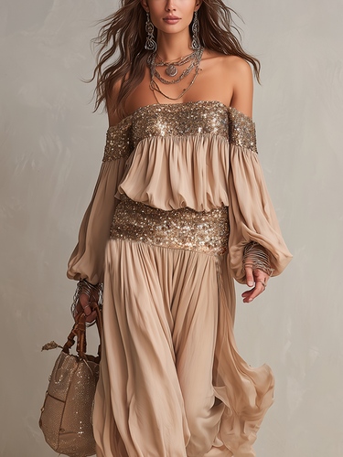 Bohemian Sequined Strapless Top And Wide Leg Pants Set