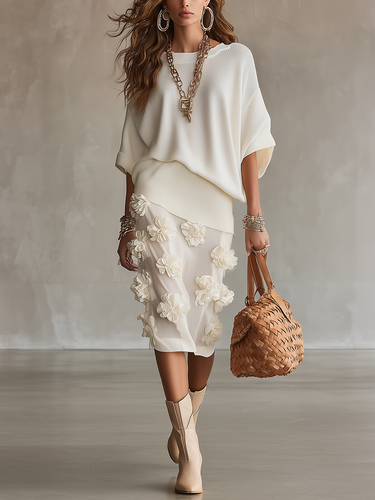Artisan Ivory Textured Knit Top & Floral Appliqué Skirt Set
