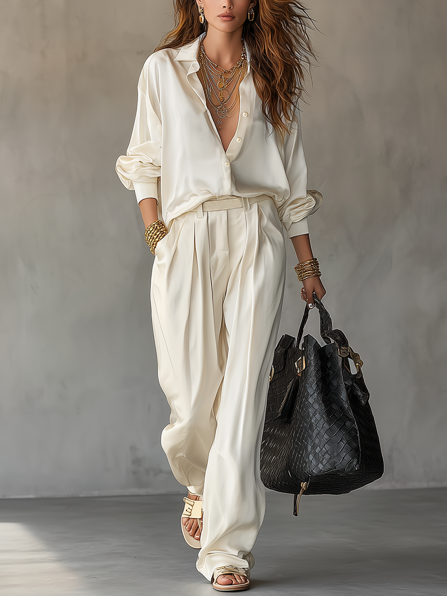 Polished Relaxed Ivory Shirt & Wide-Leg Pants Set
