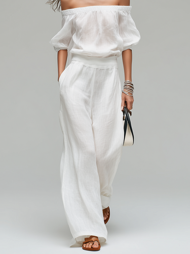 White Off-the-shoulder Linen Blend Top And Wide-leg Pants Set