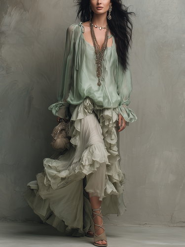 Bohemian Mint Chiffon Ruffle Blouse With Layered Skirt