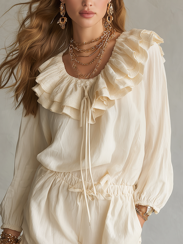 Boho Cream Ruffled Blouse  Drawstring Shorts Set