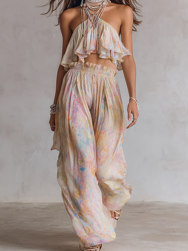 Bohemian Style Halter Neck Crop Top And Wide-leg Pants Set