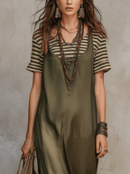 Olive Layered Boho Maxi Dress With Striped Underlay