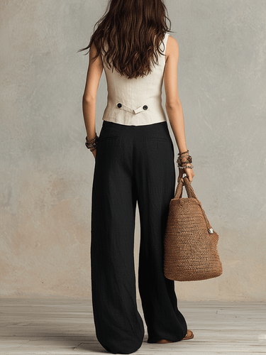 Relaxed Linen Bohemian Vest & Wide-Leg Flowing Pant Set