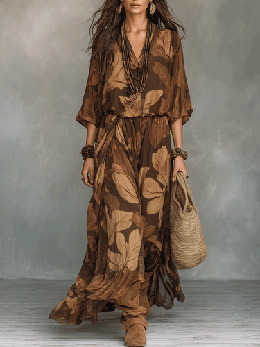 Earthy Leaf Print Relaxed Bohemian Maxi Set
